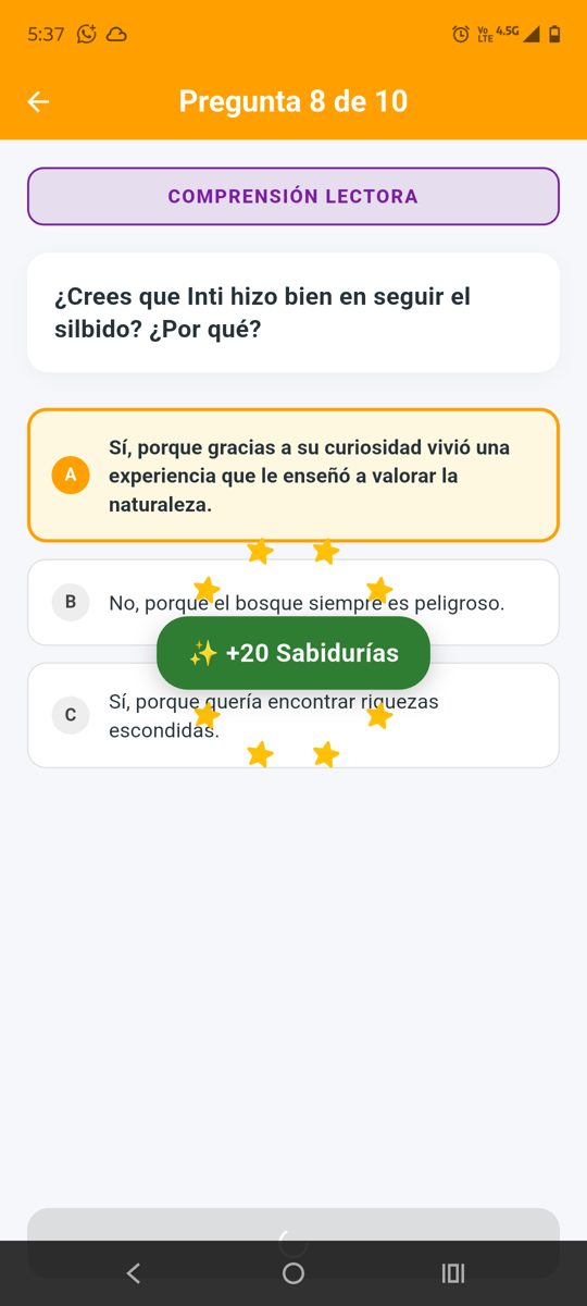 Pantalla de Gotagantsi App con una pregunta de comprensión lectora
